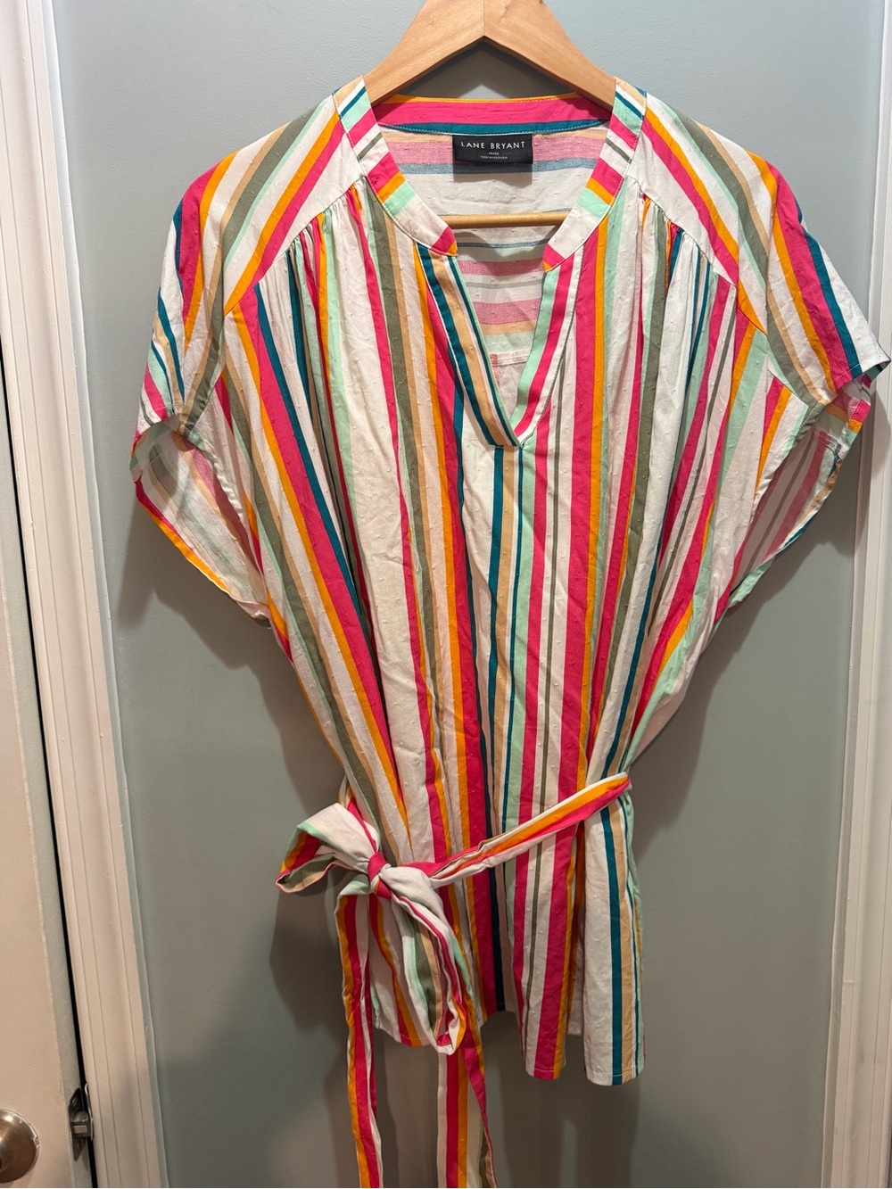 Lane Bryant Multicolor Stripe Short Sleeve Tie Shirt - Cotton Blend EUC